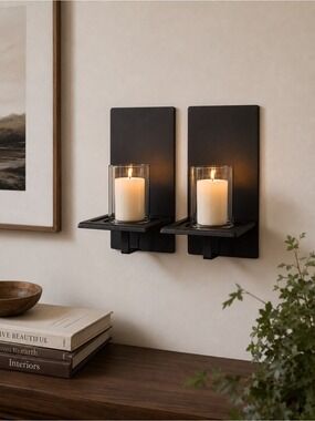 PartyLite Essentials Matte Black Metal Wall Sconces P9153 Pair Set of 2 w Box
